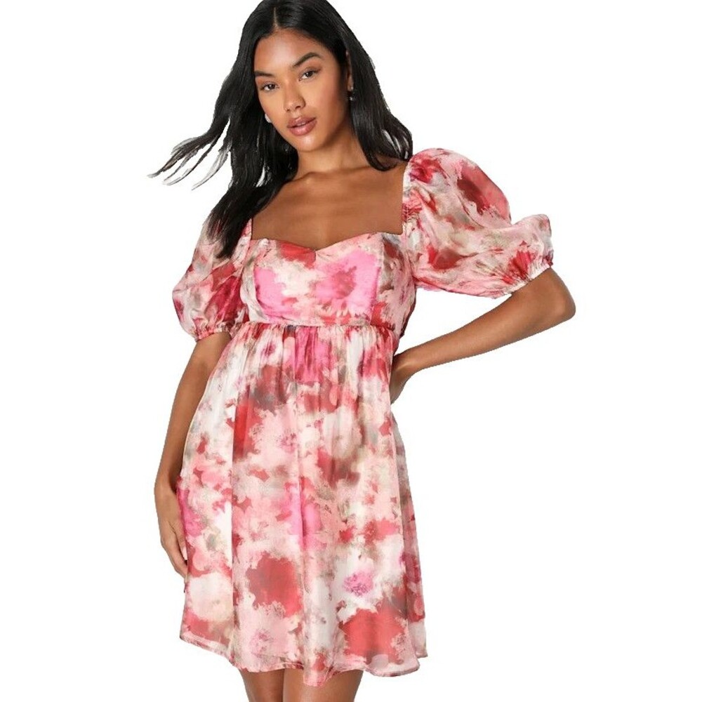 Lulus Aura Pink Organza Puff Sleeve Babydoll Floral Mini Dress  Size L  NWT